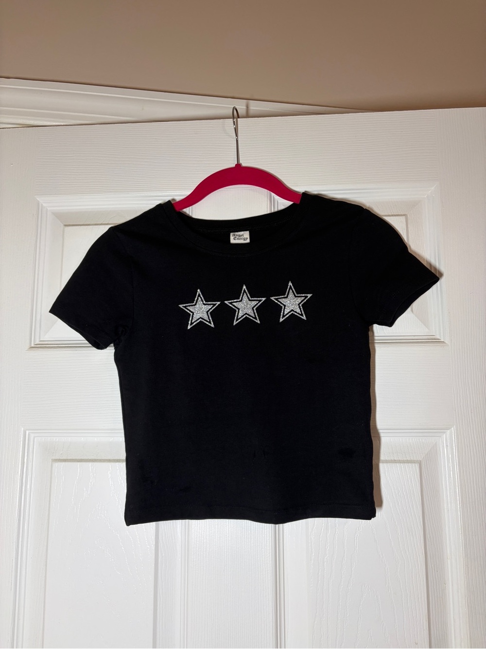 Woman’s Black Short Sleeve Tee with Silver Star Appliqués